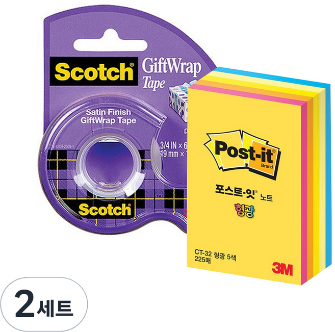 3M Scotch 禮物包裝膠帶切割器 19mm x 16.5m +Post-it 螢光方塊便利貼 CT-32, 混合顏色, 2套
