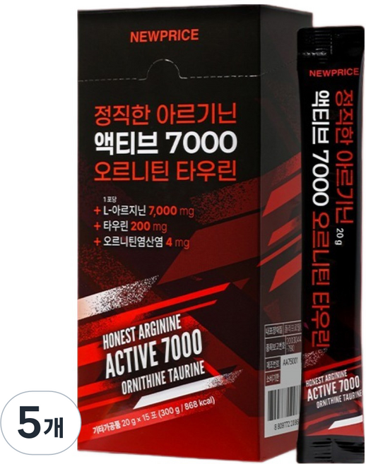 뉴프라이스 정직한 아르기닌 액티브 7000 오르니틴 타우린, 5개, 300g