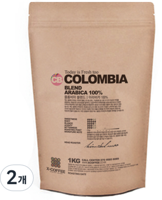 엑스데일리커피 콜롬비아블랜드 원두커피, 1kg, 2개, 홀빈(분쇄안함)