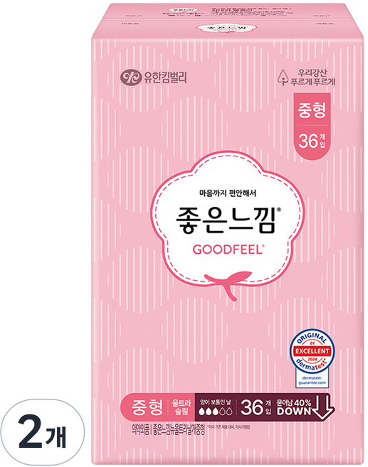 좋은느낌 오리지널 울트라슬림 생리대 날개형, 중형, 36개입, 2개