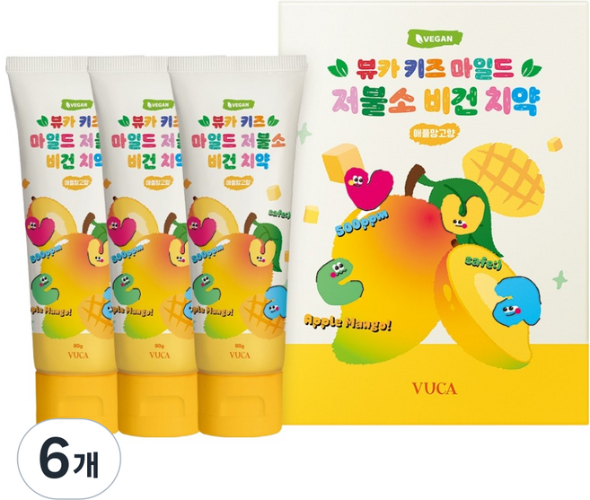 뷰카 키즈 마일드 저불소 비건치약 애플망고향 3p, 240g, 6개