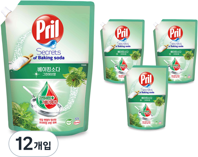프릴 시크릿 오브 베이킹소다 주방세제 그린허브향 리필, 1.2L, 12개