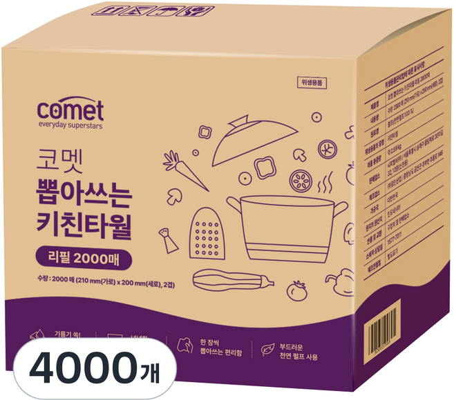 코멧 뽑아쓰는 키친타올 리필, 2개, 2000매
