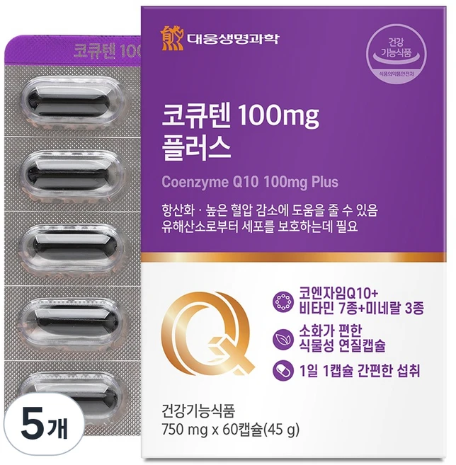 대웅생명과학 코큐텐 100mg 플러스 45g, 5개, 60정 - 쿠팡