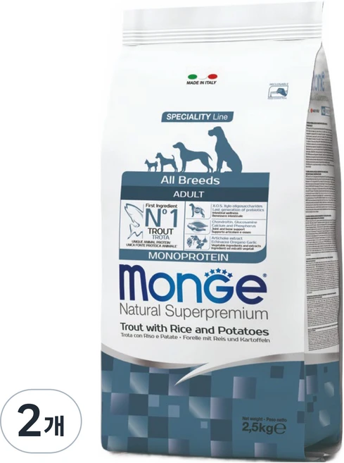 몬지 어덜트 강아지 모노프로틴 LID 올브리드 건식사료, 2개, 송어+고구마, 2.5kg - 쿠팡