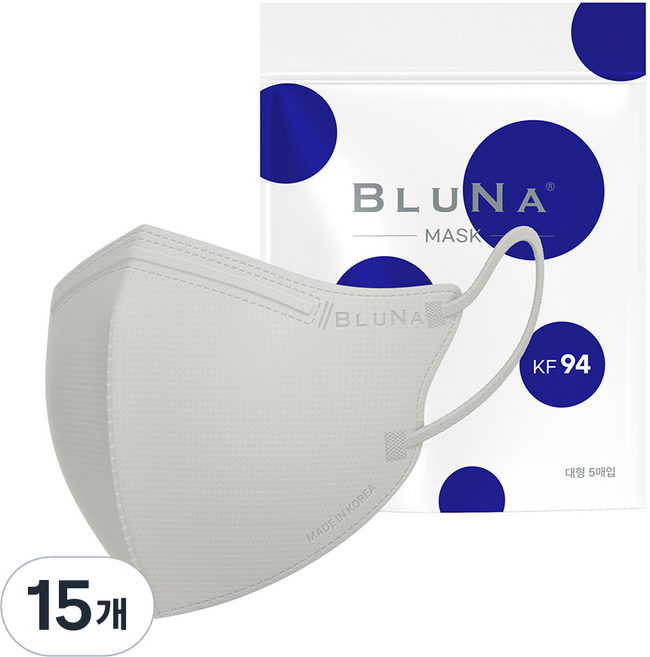 블루나 숨편한 새부리형 황사방역 마스크 대형 KF94, 5매입, 15개, 라이트그레이