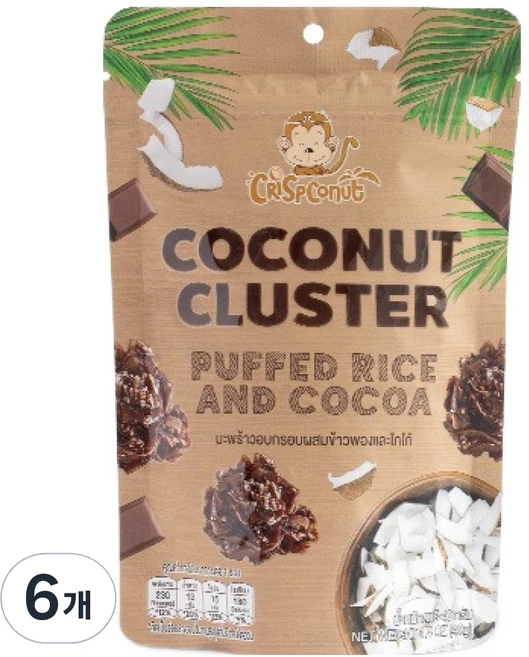 크리스피코넛 킨디 코코넛 클러스터 퍼프드 라이스 & 코코아, 6개, 40g - 쿠팡