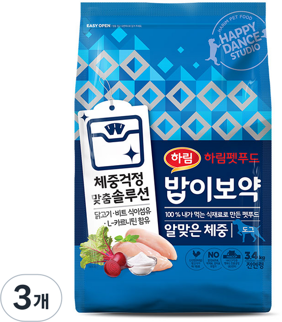 밥이보약 강아지 기능성 사료, 다이어트(체중감소), 3.4kg, 3개
