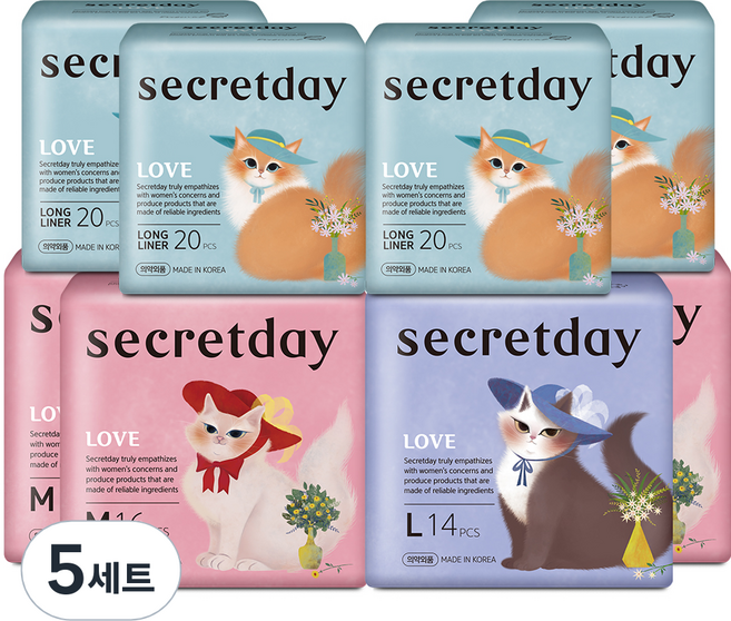 시크릿데이 러브 생리대 날개형 중형 16p x 3팩 + 대형 14p x 1팩 + 롱 팬티라이너 20p x 4팩, 5세트