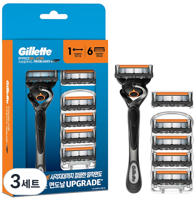 질레트 정품 프로글라이드 매뉴얼 면도기 세트, 면도기 핸들 + 면도날 6p, 3세트