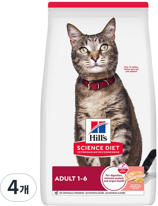 힐스사이언스다이어트 고양이 사이언스 다이어트 사료 어덜트 연어, 피부/피모+장건강, 1.58kg, 4개