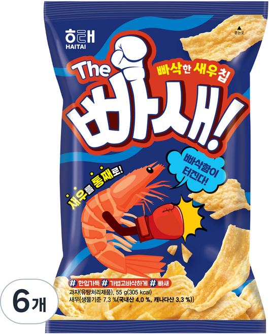 해태제과 THE 빠새 새우스낵, 55g, 6개
