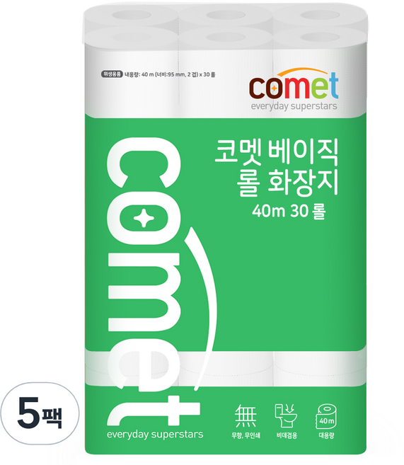 코멧 베이직 2겹 롤화장지 40m, 30개입, 5개