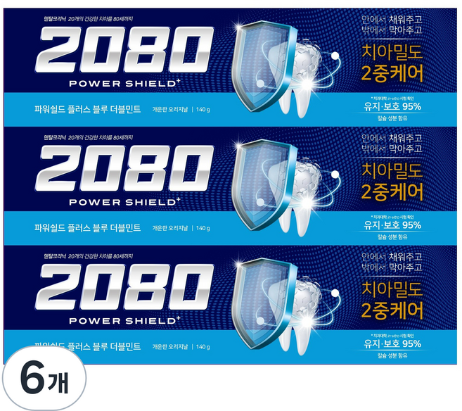 2080 파워쉴드 플러스 블루 더블민트 치약, 140g, 6개