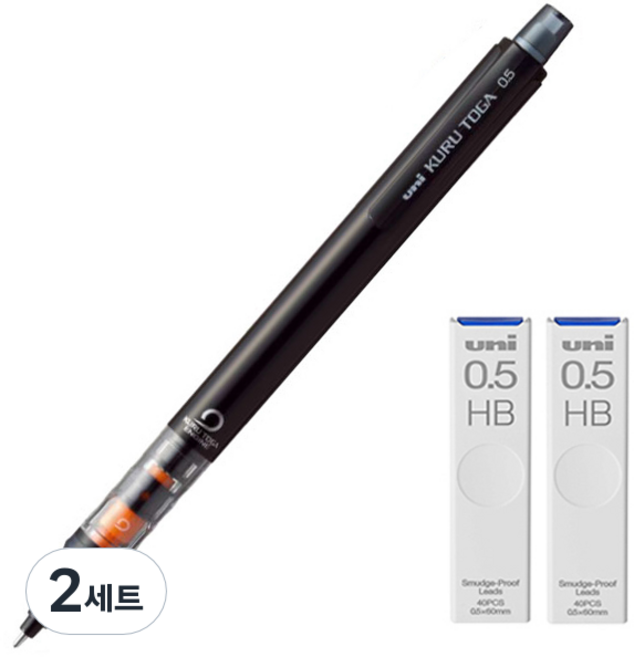 Uni 三菱鉛筆 KURU TOGA 自動鉛筆 伸縮筆尖型 黑色 M5-452 + 專用自動鉛筆筆芯 HB 2入組, 2套, 0.5mm, 2組