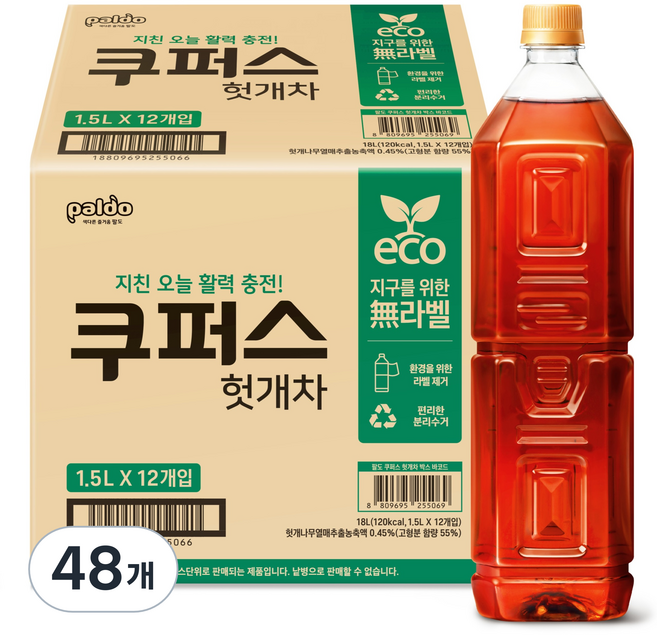 팔도 쿠퍼스 헛개차 무라벨, 1.5L, 48개