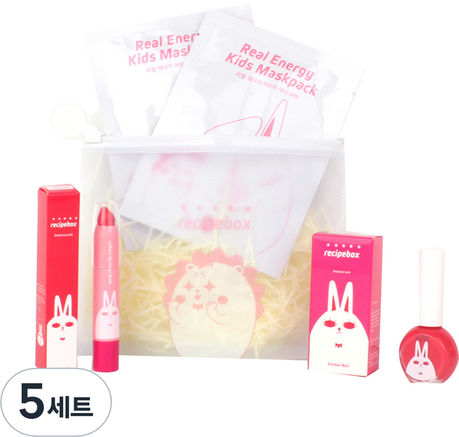 레시피박스 어린이 여행용 심플 메이크업 세트, 휴대용 파우치 + 어린이 마스크팩 2p + 립크레용 + 매니큐어 보타니컬 핑크, 5세트