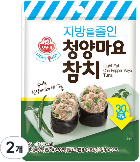 오뚜기 LIGHT & JOY 지방을 줄인 청양마요 참치 파우치, 95g, 2개
