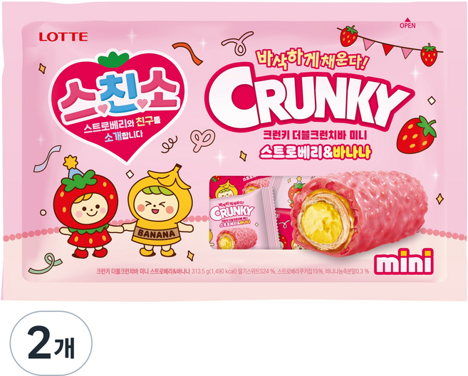 LOTTE 樂天 Crunky Sseunchiso 雙重脆棒 迷你草莓香蕉, 313.5g, 2個