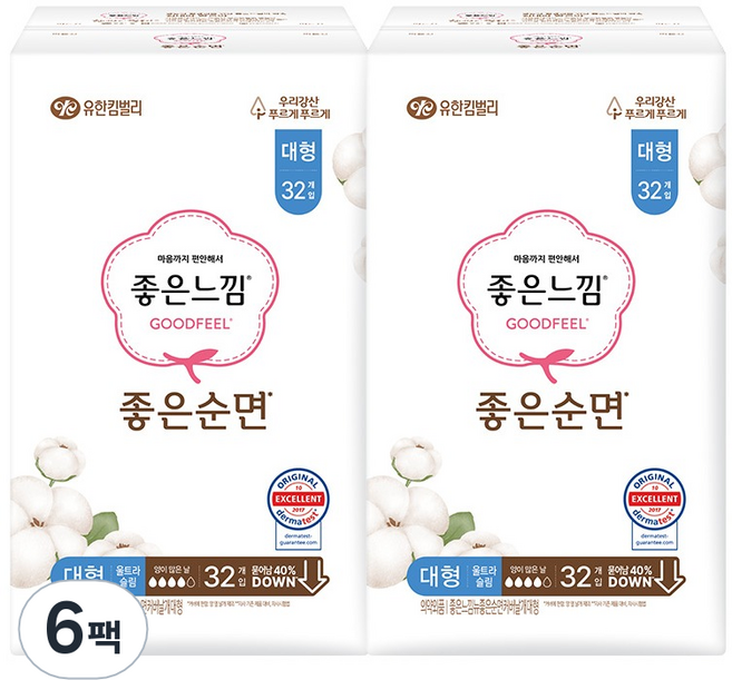 좋은느낌 순면 생리대 날개형, 대형, 32개입, 6개