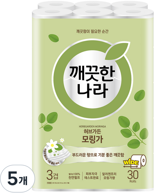 깨끗한나라 허브가든 모링가 3겹 천연펄프 화장지, 30m, 30개입, 5개