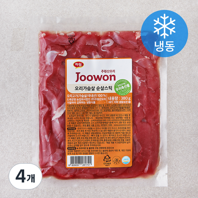 주원산오리 오리가슴살 순살스틱 (냉동), 380g, 4개