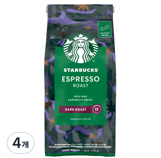 STARBUCKS 星巴克 義式烘焙全豆咖啡, 全豆(未研磨), 200g, 4個