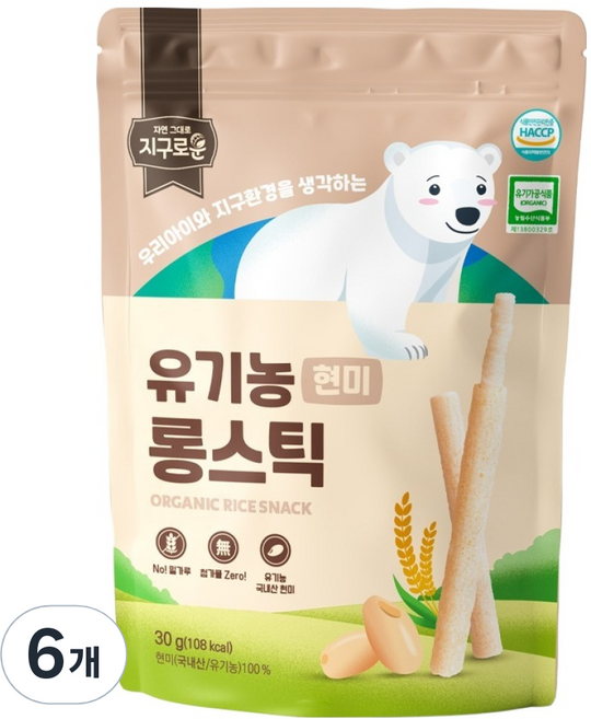 지구로운 유기농 아기 과자 롱스틱, 6개, 30g, 현미