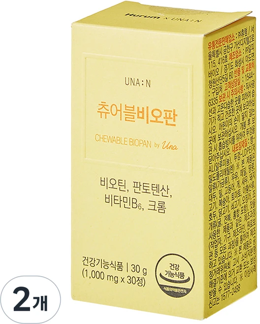 휴럼 유나엔 츄어블 비오판 비오틴 판토텐산 비타민B6 크롬 30g, 30정, 2개 - 쿠팡