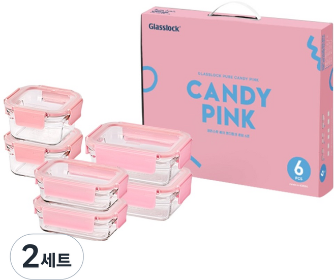 글라스락 퓨어 캔디핑크 혼합 선물세트, 2세트, 390ml(2p) + 440ml(2p) + 700ml(2p)