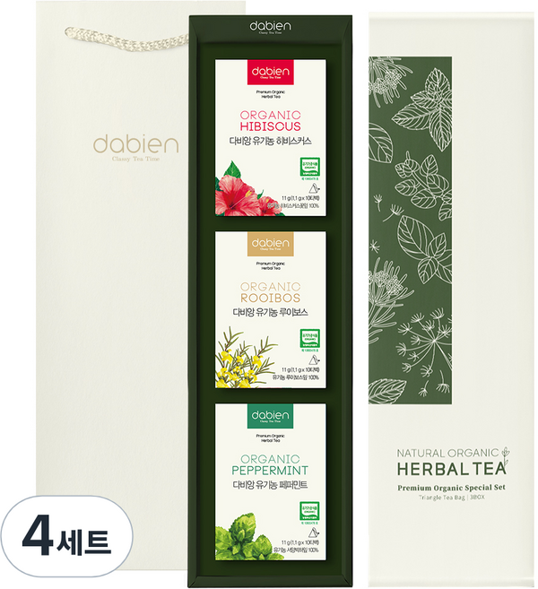다비앙 유기농 허브티 선물세트 1호, 허브티 3종 + 선물박스 + 쇼핑백, 4세트