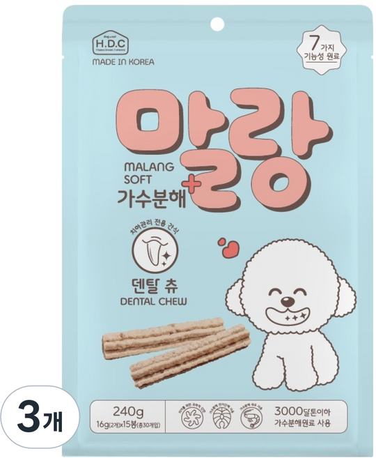 말랑 강아지 소프트 가수분해 덴탈츄 개껌, 3개, 240g, 소