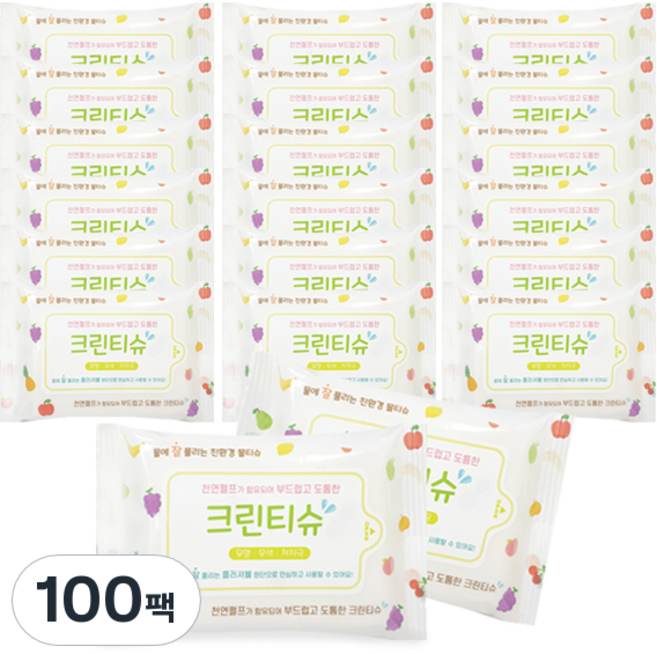 크린티슈 물에 잘풀어지는 물티슈, 55g, 20매, 100개