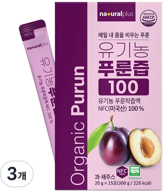 내츄럴플러스 유기농 푸룬즙 100 15p, 300g, 3개 - 쿠팡
