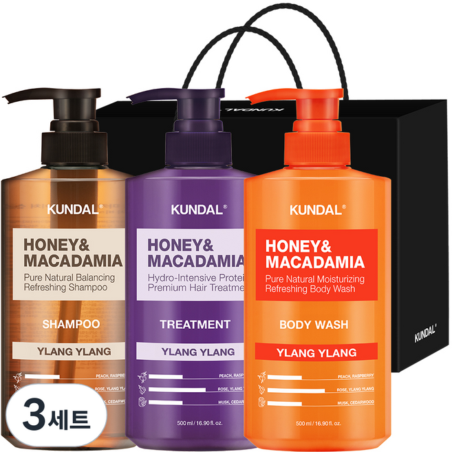 쿤달 샴푸 500ml + 트리트먼트 500ml + 바디워시 500ml 3구 선물세트 B 일랑일랑 + 쇼핑백 블랙, 3세트