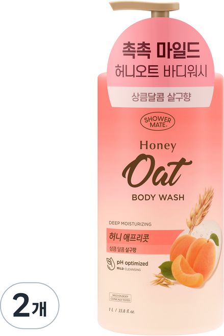 샤워메이트 허니오트 마일드 바디워시 허니 애프리콧향, 2개, 1L