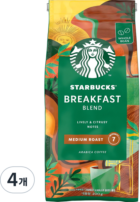 STARBUCKS 星巴克 早餐綜閤中度烘焙咖啡豆, 全豆(未研磨), 200g, 4個