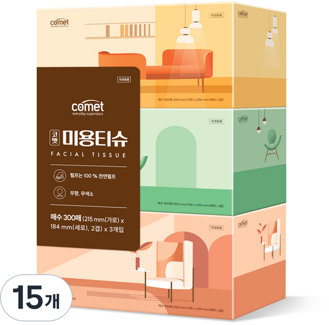 코멧 천연펄프 미용티슈, 15개, 300매