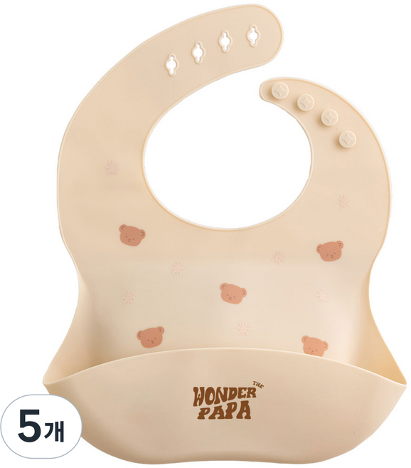 WONDER PAPA 嬰幼兒用矽膠防水副食品圍兜, 1入, 5個, 米色小熊