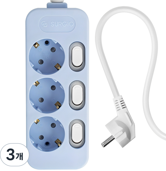 SURGIO 彩色獨立開關電線型3孔延長線 DH-2039-RT, 3m, 柔和藍, 3個
