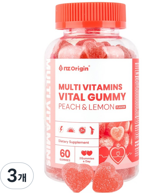 엔젯오리진 키즈 멀티 비타민 바이탈 구미 복숭아 레몬맛, 60정, 3개