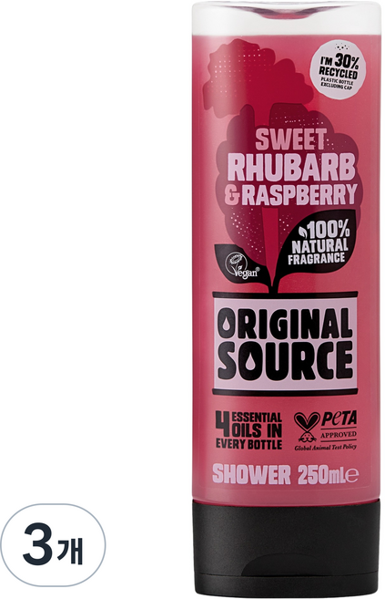 오리지널소스 샤워젤 루바브 라즈베리, 3개, 250ml