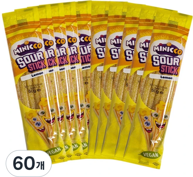 미니꼬 사우어 롱롱 스틱 비건젤리 레몬향, 50g, 60개 - 쿠팡