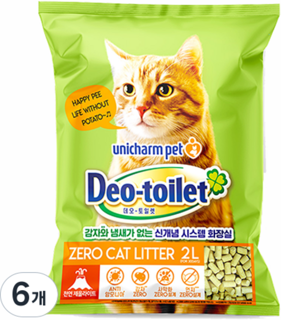 유니참데오토일렛 비응고형 감자 & 사막화 Zero 고양이 모래, 2L, 6개, 소취항균 모래