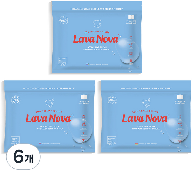 라바노바 고농축 시트형 겸용 세탁세제, 20매입, 6개