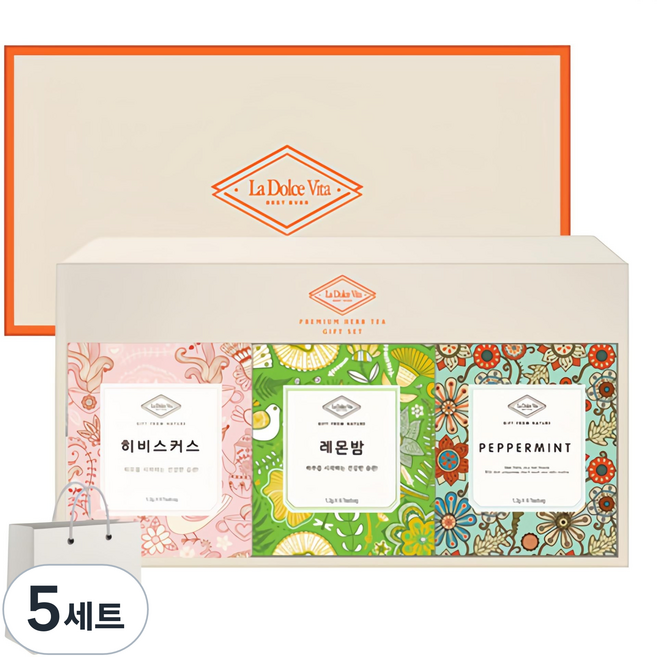 라돌체비타 프리미엄 허브차 3종 선물세트 + 쇼핑백, 히비스커스 1.2g x 6p + 페퍼민트 1.2g x 6p + 레몬밤 1.2g x 6p, 5세트