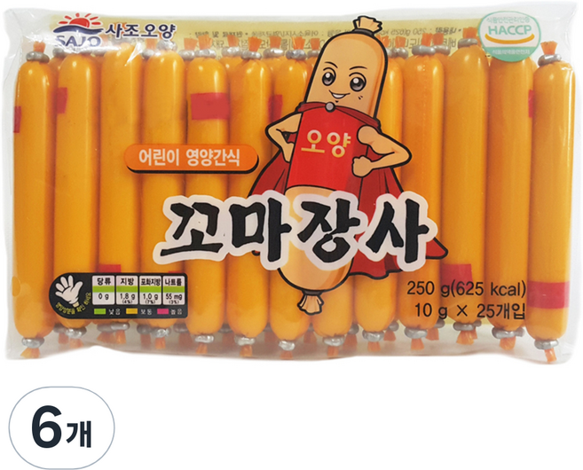 사조오양 꼬마장사 간식 소시지 25개입, 250g, 6개