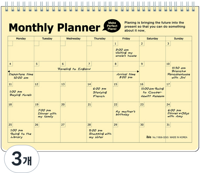 아이비스 PP 먼슬리 플래너, 연노랑, 3개