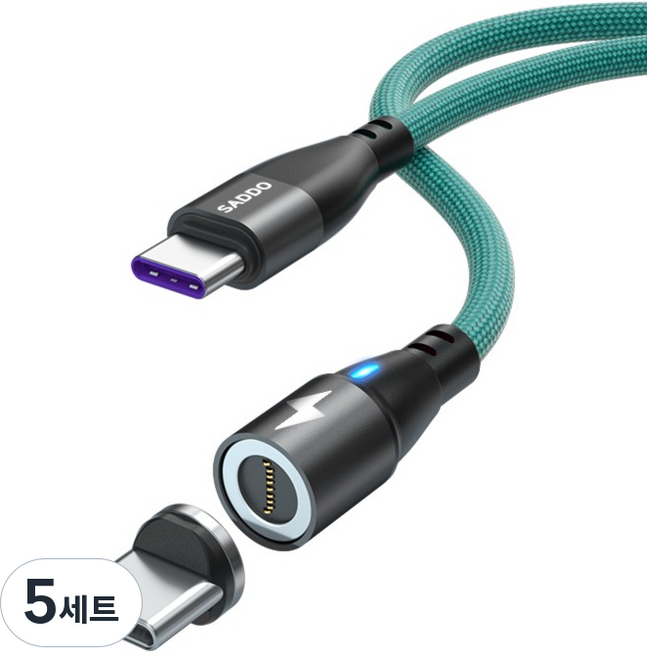 사또 PD 100W 일자형 마그네틱 케이블 + C타입 커넥터 세트, 5세트, 그린, 2m