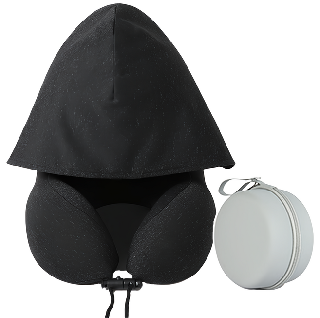 飛機枕/連帽頸枕/脖子枕頭/護頸枕/旅行頸枕 戴帽款 + 收納盒, 黑色